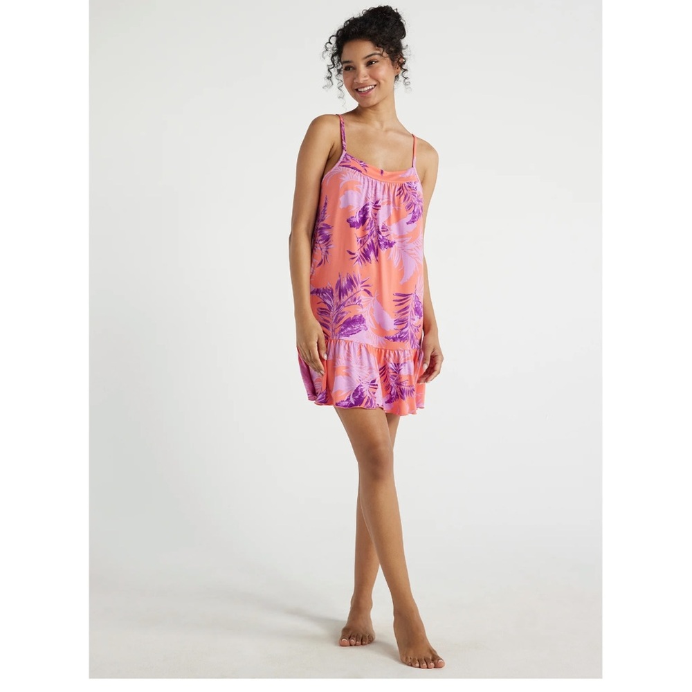 Women's Ruffle Hem Sleeveless Knit Chemise, color: coral bell/ tropical